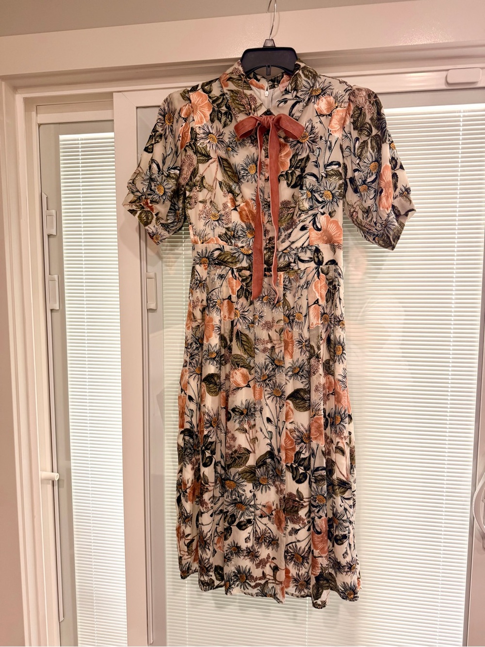 Ivy City Co Floral Midi Dress in Cream and Peach with Bow
